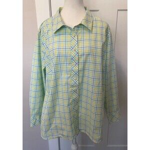 Talbots Womens Button TOP Long Sleeve BLUE Green Yellow PLAID Size 3XP